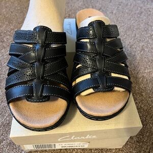 Clarks Black Leather Slip-On Sandals NWT